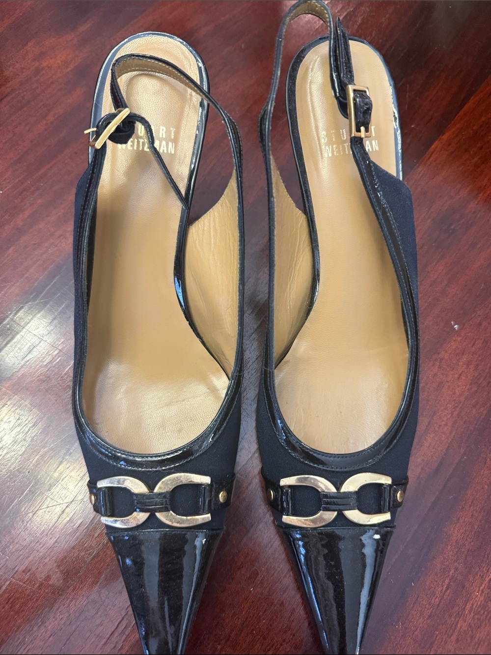 Stuart Weitzman Black Patent Pointed Toe Slingback Pumps with Gold Hardware 8.5